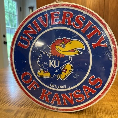 University of Kansas Jayhawks 12" Round Metal Embossed Sign Gym Garage Game Room - Image 1 of 2