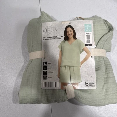 Conjunto de pijama de gasa de algodón verde Serra Lounge Wear pantalones cortos y top talla L ropa de dormir pijama Foto 1 de 4