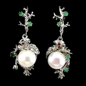 925 Sterling Silver Earrings Round Emerald Pearl Ruby Natural Gemstone Jewelry - Picture 1 of 14