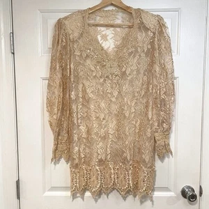 Vintage Victorian Lace Midi Mini Dress L Susan Lunenfeld Champagne Set Slip Lux - Picture 1 of 13