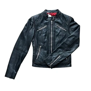 schwarze taillierte Leder Biker Jacke Rock' N Blau Made in Sweden Gr. UK 6 EU 34 - Bild 1 von 4