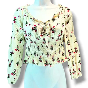 Almost famous Crop Top Floral Sz L Off Shoulder Long Sleeves Cottage Core Shirt - Picture 1 of 12