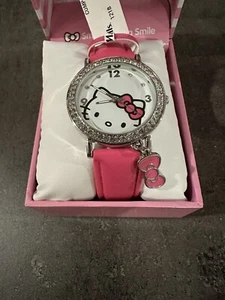 Hello Kitty Watch Silver Crystal Bezel Pink Bow Charm Leather Strap - Picture 1 of 4