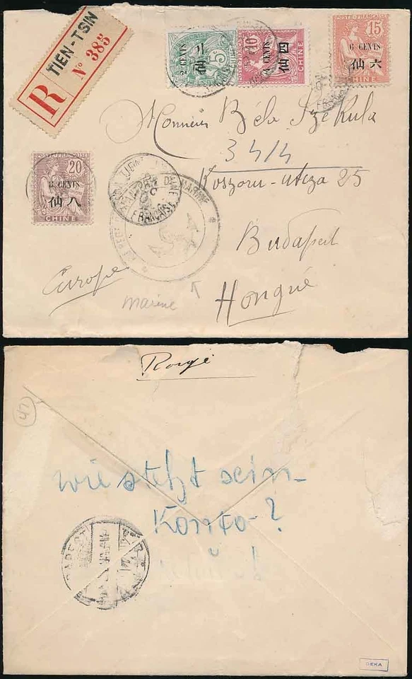 CHINA 1910 FRANCÉS P.O REGISTRADO 4 COLORES FRANQUEO + NAVAL MARÍTIMO A HUNGRÍA Foto 1 de 1