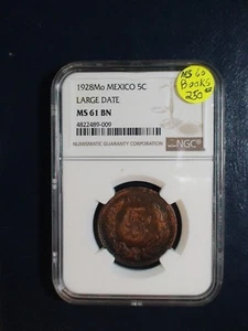 1928 Mo Mexico Five Centavos NGC MS61 BN LARGE DATE 5C Coin PRICED TO SELL NOW! - Picture 1 of 4