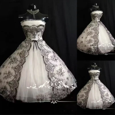 Gothic Short Wedding A-Line Dress Strapless Black Lace Appliques Bridal Gowns - Image 1 of 4