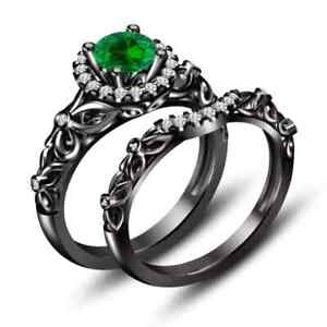3Ct Round Cut Simulated Emerald Wedding Bridal Ring 14K Black Gold Plated Silver