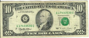 1995 10$ Federal Reserve Note - Green Seal - MEW/REB G17433530C - #13757 - Picture 1 of 2
