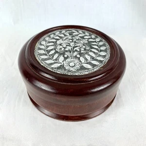 Handcrafted Mango Wood Large Round Trinket Box With Silver Decor Made Thailand - Picture 1 of 14