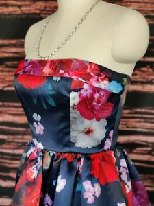 Navy Strapless Ballgown- Peony Rose BOLD Floral with Pockets- Size 2 by Parker - Picture 1 of 12