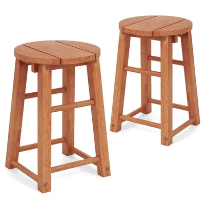 Outdoor Wood Bar Stools Set of 2 w/Round Seat Footrest Patio Backless Barstools - Image 1 of 4