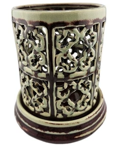 Vintage Keramik Stumpenkerzenhalter Filligran Ausschnitt Braun Grün 6"Hx 4,25"T - Bild 1 von 9