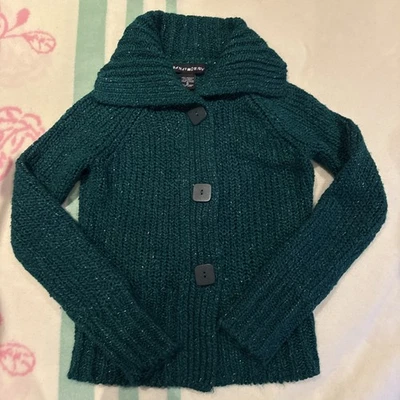 Chunky Knit Cardigan from Pandemonium, Teal with Sparkle, Size S, 8-10 - Vintage - Image 1 of 3