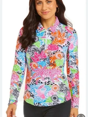 IBKUL Bambú Jardín Polo Top Multicolor Manga Larga Cremallera Camisa NUEVO Talla S Foto 1 de 4