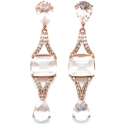 Plata de ley 925 7 x 9 mm. Pendientes de cuarzo rosa y circón blanco Foto 1 de 4