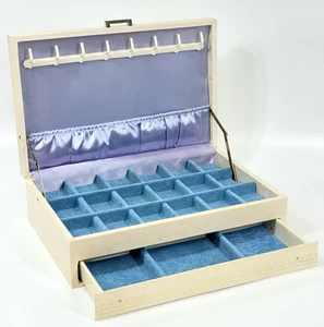 Vtg Jewelry Box Ivory Faux Leather Gold Embossed Turquoise Blue Velvet Lined - Picture 1 of 12