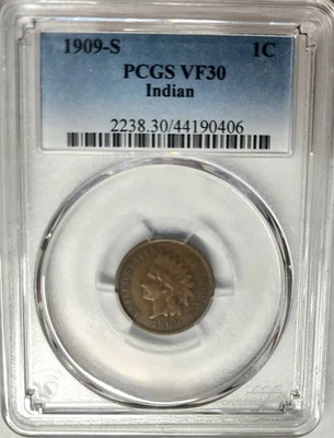 Rare 1909-S Indian Head Cent 1c PCGS VF30, Key Date !!! Last Year Indian !!! - Image 1 of 4