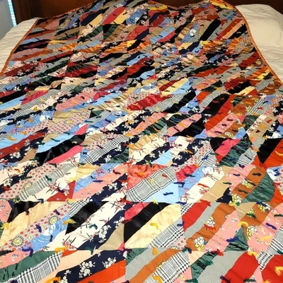 Crazy Quilt Silk Patchwork With Orange Backing Hand Stitched Patchwork Vintage - Image 1 of 4