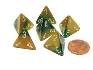 Gemini 18mm 4 Sided D4 Chessex Dice, 6 Pieces - Gold-Green with White - Picture 1 of 1
