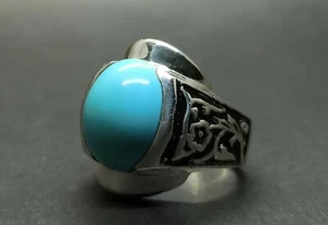 Natural Neshapuri Feroza Sterling Silver 925 Handmade Turquoise Mens Carved Ring - Picture 1 of 12