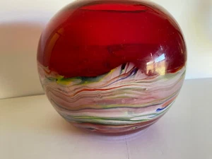 Vintage Red Swirl Handblown Art Glass  Heavy 8” Round Vase - Picture 1 of 13
