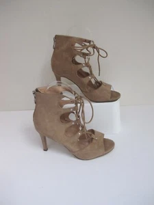 Size 3 M & S Beige Suede Heels- Lace Up High Front- Stiletto Heel- VGC - Picture 1 of 5
