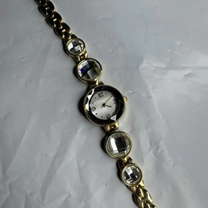 Christian Benet Watch Women 22mm Gold Tone Faceted White Bling New Battery 7" - Picture 1 of 5
