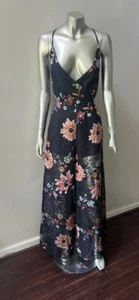 Burnout Velvet Sheer Halter Jumpsuit Party Floral Sexy Wide leg Trouser Pants S - Picture 1 of 5