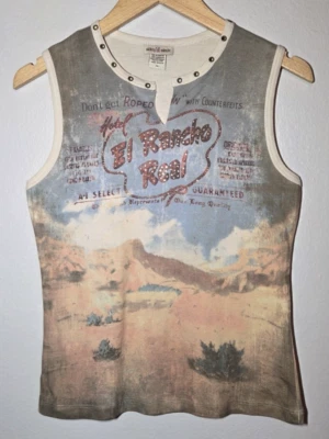 复古紧身米妮上衣女式 Wild West Horse 无袖 T 恤 Y2K 美国 90 年代 M 码 — 第 1/4 张图片