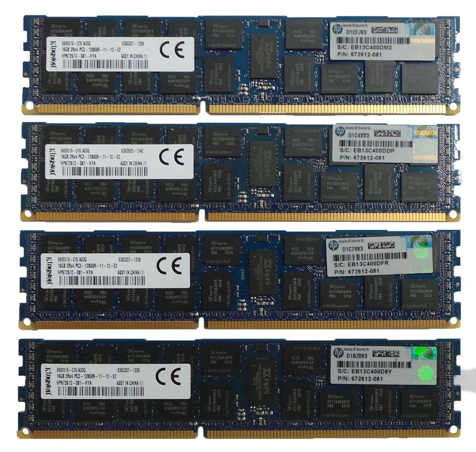 HP Kingston 64GB (16GB x 4) PC3-12800R ECC Server RAM Memory Kit 672612-081 - Image 1 of 1