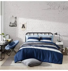 Nautica Heathered Block Microfiber Gray Blue Striped Full Queen Comforter Set - Picture 1 of 5
