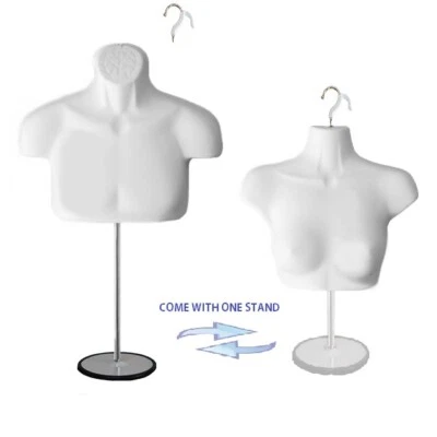 a Set of Male & Female Mannequin Torso Body Forms White w/ 2 Hangers & 1 Stand  - Image 1 of 4