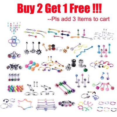 Assorted Body Jewelry Piercing Kit Eyebrow Navel Belly Tongue Lip Bar Nose Ring - Image 1 of 4