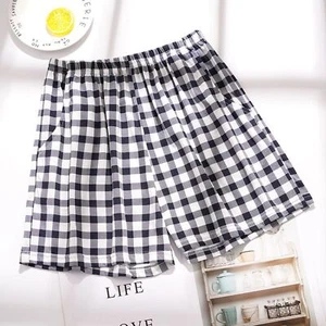 Women Cotton Pajama Shorts Plaid Elastic Waist Slit Pockets Soft Sleep Pj Bottom - Picture 1 of 13