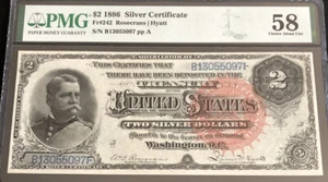 1886-$2 SILVER CERTIFICATE in PMG-58 w/pinholes. Nice note. Fr# 242. Nice note. - Picture 1 of 6