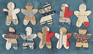 10 PRIMITIVE ANTIQUE CUTTER QUILT GINGERBREAD MEN! BLUE BROWN RED - Picture 1 of 1