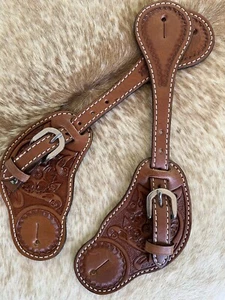 PARA HOMBRES Top Grano Cuero Ricamente Floral Tooled Western Par Correas Spur - Imagen 1 de 6
