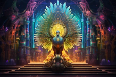 Mythical Peacock, UV tapestry, Blacklight Reactive, Psychedelic Wall Hanging - Image 1 of 4