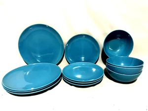 Ikea Turquoise 12 Piece Set Of 4 Each Dinner & Salad Plates & Cereal/Soup Bowls - Picture 1 of 2