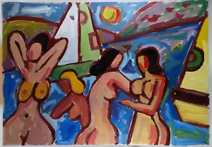 Ölgemälde Miklos Nemeth Ungarn Strand Segelboot Damen Akt 70x100 cm 1974 - Bild 1 von 4
