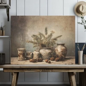 Rustic Still Life Canvas Print - Vintage Farmhouse Decor, Muted Winter Still Lif - Picture 1 of 17