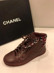 CHANEL 15K Leather Zip Chain High Hi Top Sneakers Kicks Shoes Burgundy $1025 - Picture 1 of 12