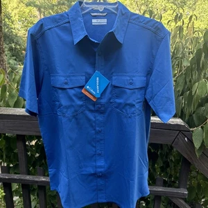NUOVO! Camicia Columbia Uomo Small S Omni-Shade Manica Corta BLU Pesca Outdoor - Foto 1 di 8