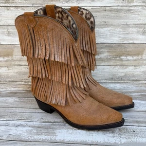 Dingo Western Cowboy Boots Sz 9.5  Tres Fringe Burnished Tan Leather Suede Boho - Picture 1 of 12