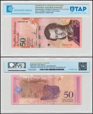 Venezuela 50 Bolivar Soberano, 2018, P-105a.1z, UNC Replacement Authenticated - Image 1 of 2