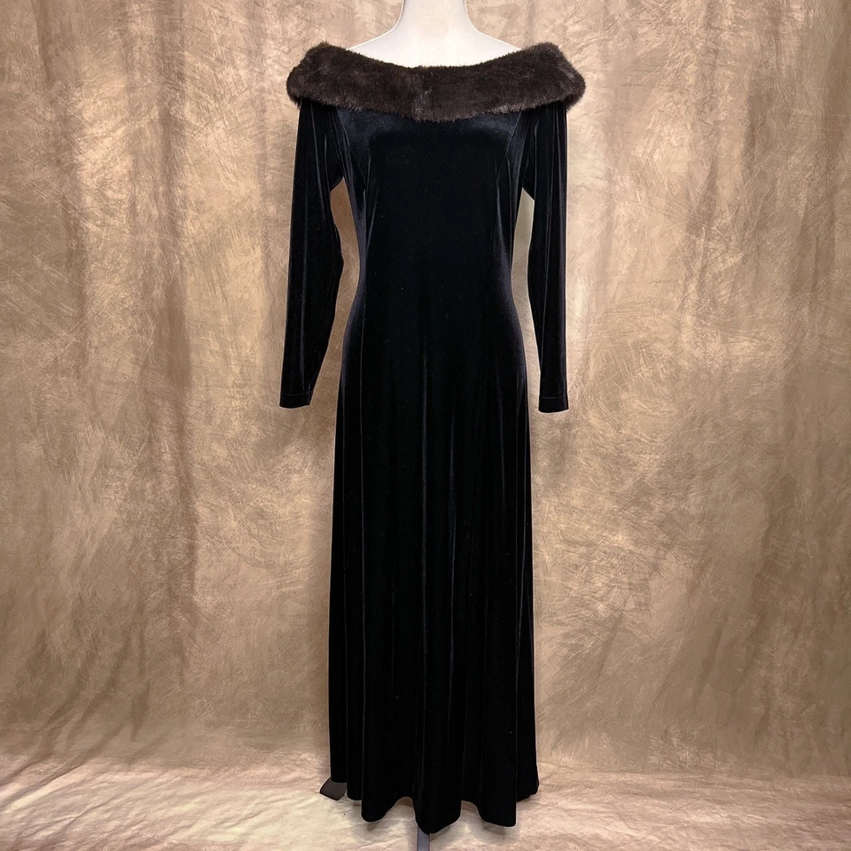 复古 Y2K EC America 人造毛皮露肩丝绒连衣裙长袖礼服 — 第 1/4 张图片