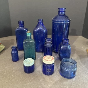 Lot 10 Vintage Cobalt Blue Glass Bottles Phillips Bromo Seltzer Medicine Vicks - Picture 1 of 13