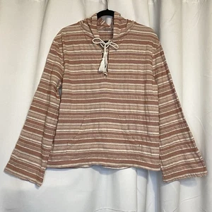 ROXY Lightweight Hoodie Women’s Size Large Peach & White Striped Kangaroo Pocket - Picture 1 of 6