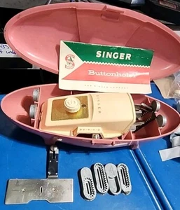 Singer Button Holder Buttonholer 1960s MCM Sewing Attachment Pink Case W/ Extras - Picture 1 of 5