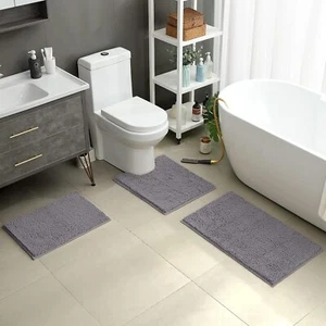 3 Pcs Bathroom Rugs, Ultra Soft Non Slip Absorbent Chenille Toilet Bath Mat Set - Picture 1 of 9